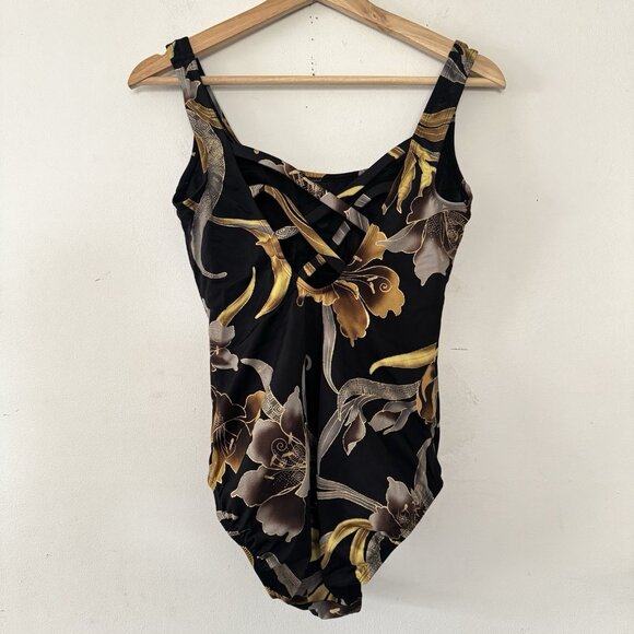 Gottex Swim Retro Swimwear One Piece Swimsuit Bathing Suit Black‎ Gold Floral 10 - Picture 2 of 7